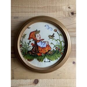 Framed Cross-stitch‎ Cottage Core Hummel Large 12.5" Nursey Child Flower Nature